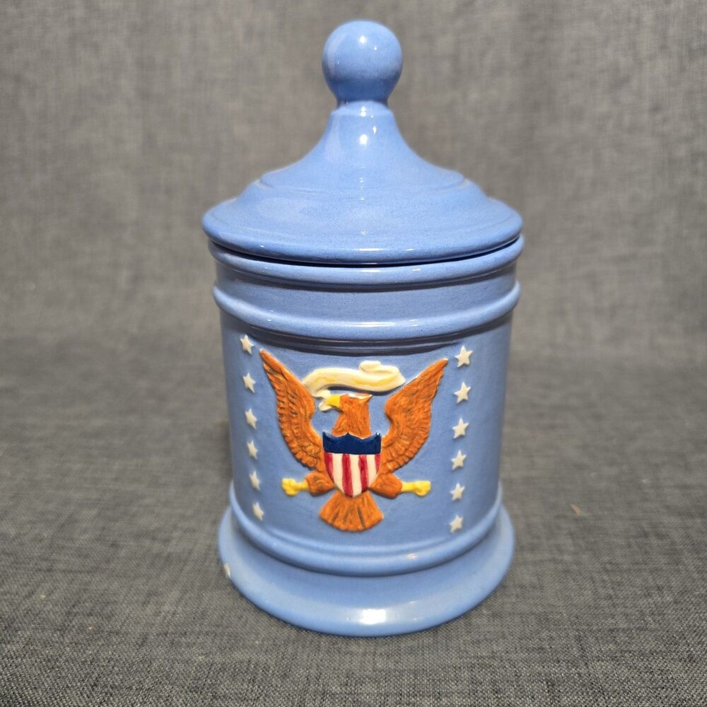 Vintage American Bald Eagle Kitchen Canister Ceramic Blue Independence July 4th